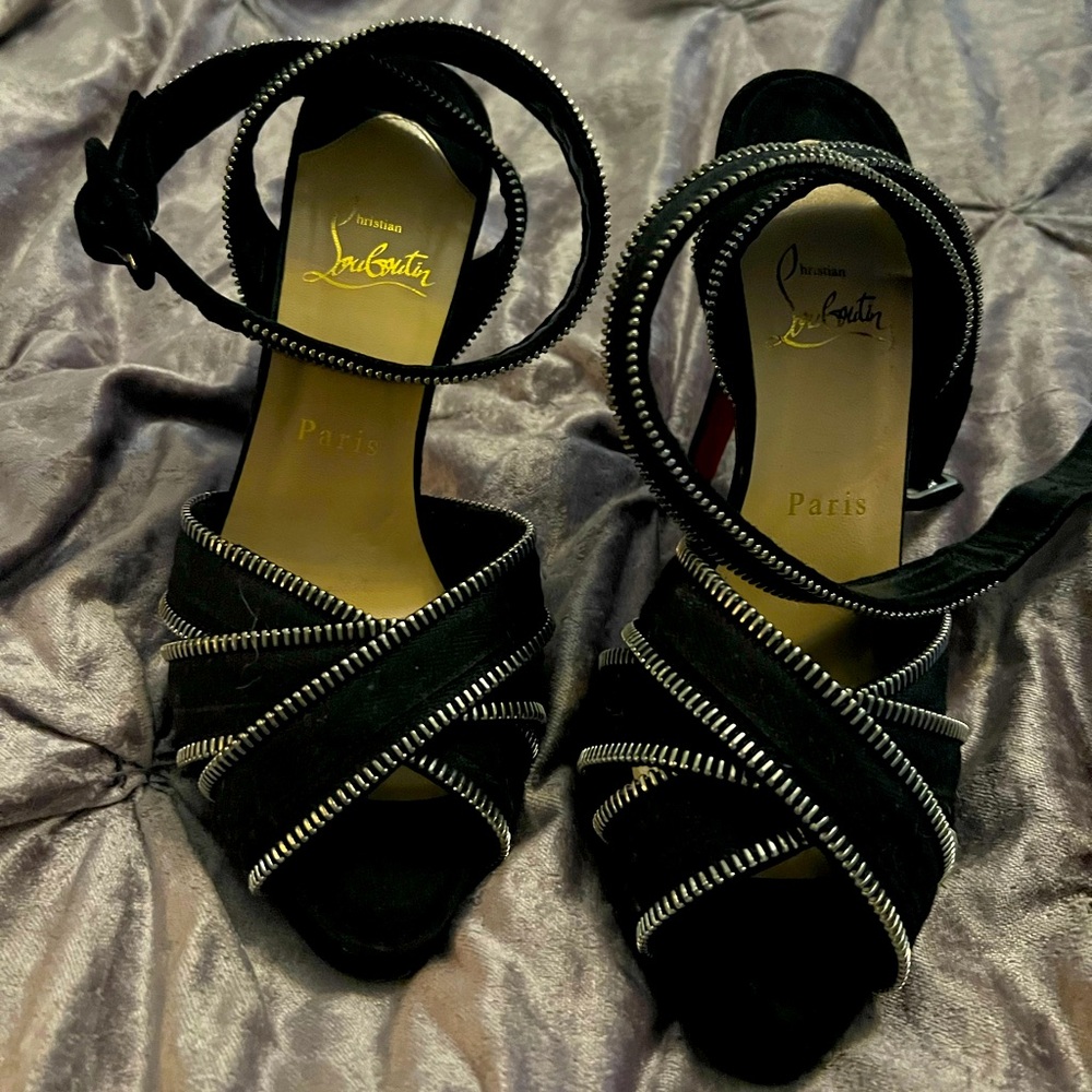 Fabulous black suede with zippered edge peep-toe Louboutin's size 37.5